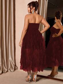 Cravure Váy lưới không dây màu trơn thanh lịch cỡ lớn dành cho nữ bán chạy nhất, dáng chữ A ôm sát, phù hợp cho tiệc tùng, câu lạc bộ, dạ tiệc, đi làm, ăn tối, chụp ảnh - Đỏ - Xem 2