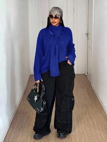 Maweii 大码女式纯色优雅毛领针织套头毛衣 - 藍色 - 查看 3