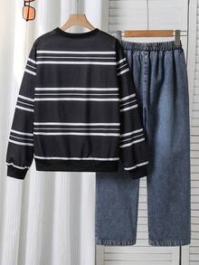 SHEIN Mirajuku 2 Stücke/Set Lässiger, stilvoller Tween Jungen Schwarz & Weiß gestreiftes Langarm T-Shirt mit Tasche und zerrissene Jeans mit elastischem Bund, weite Passform, bequem für den täglichen Gebrauch, Ausflüge, Partys, Reisen, Fotoshootings - Schwarz - Übersicht 2