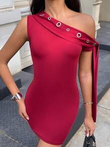 Almamuse Women's Burgundy Red Summer 70s Party Mini Dress, One Shoulder Asymmetric Neck Metal Mesh Solid Bodycon One Sleeve Elegant Fashionable Dress - Red - View 1