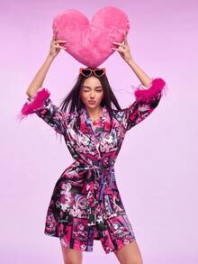 Notgurli Comfortable Casual Cartoon Pattern Plush Cuff Pink Women Robe - Black - View 1