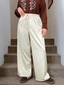 SHEIN LUNE Plus Size Satin Twill Wide Leg Pants, Casual And Suitable For Commuting Cream Pants Silk Pants Summer Pants Casual Comfortable And Versatile - Apricot - View 6