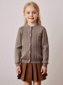 PrepCrw Young Girls' Collegiate Style Bear Embroidery Patch Front Knit Cardigan - Camel - View 4
