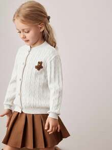 PrepCrw Chaqueta de punto con parche bordado de oso estilo universitario para niñas jóvenes - Blanco - Ver 3