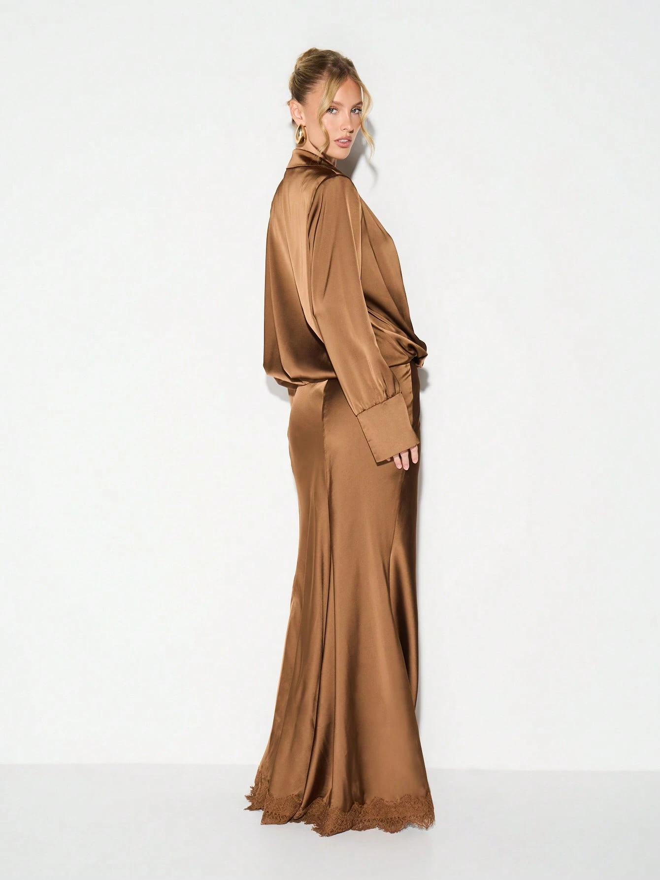 KIZN Satin Button-Front Maxi Dress With Lace Trim