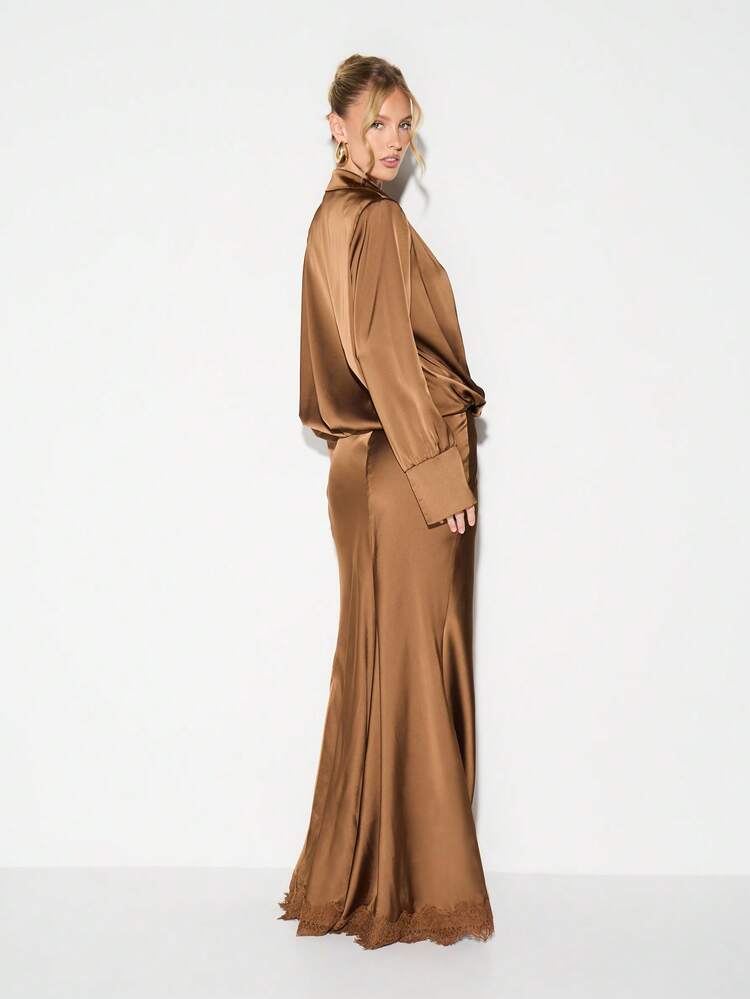 KIZN Satin Button-Front Maxi Dress With Lace Trim