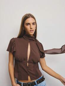 Aralina Lightweight Woven Fabric High Neck Scarf Detail Button Front Puff Sleeve Fitted Silhouette Summer Outfits For Women Going Out Tops Cute Top - Brown - View 4