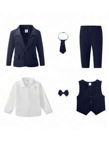 6pcs Baby Boy Formal Suit Set, Including Light White Long Sleeve Shirt, Black Tie & Bowknot, Matching Vest, Jacket And Pants. The Light White Shirt Looks Particularly Elegant In The All-Black Suit, Making The Whole Outfit Look Neat And Fashionable, Suitable For Holiday Events, Formal Occasions, Weddings, Wedding Guests, Ring Bearers, Groomsmen, Back To School Season - Royal Blue - View 3