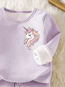 Conjunto de pijama infantil feminino com estampa de unicórnio em fleece grosso, gola redonda, manga comprida e calça.
