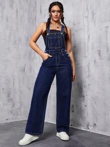 Flexra Women's Loose Fit Pocketed Wide Leg Casual Denim Jumpsuit - Medium Wash - View 11