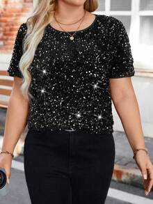 SHEIN Clasi Camisa brillante de manga corta talla grande, adecuada para el trabajo y el transporte - Negro - Ver 4
