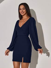 Women's Solid Color V-Neck Lantern Sleeve Side Slit Hem Fitted Sexy Fashion Mini Dress - Navy Blue - View 3