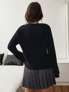 Women Bow Tie Front Rib Knit Sweater Long Sleeve Black Color Slim Fit - Black - View 3