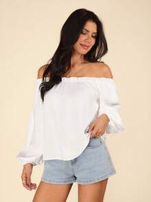 SHEIN VCAY Blusa de hombros descubiertos ribete fruncido de manga farol - Blanco - Ver 6