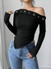 Firerie 女士优雅休闲通勤 Y2K 年轻女孩乡村音乐节演唱会露肩上衣黑色镂空装饰不对称无袖纯色针织T恤 - 黑色 - 查看 5