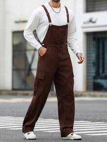 Manfinity Homme 男士休闲街头风胸带工装牛仔背带裤，咖啡色 - 咖啡棕 - 查看 6
