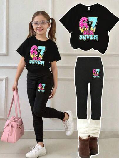 Young Girl Letter Print Round Neck Short Sleeve T-Shirt And Leggings Casual Outfit