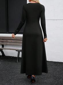 SHEIN LUNE 女士新款圆领长袖印花A字优雅复古连衣裙 - 黑色 - 查看 2