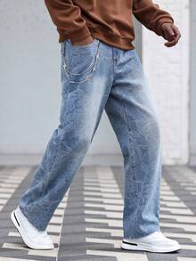 Manfinity Homme Celana Panjang Pria Model Longgar Jacquard Denim Kaki Lebar, Hadiah Liburan Sempurna untuk Pacar & Suami - Light Wash - View 3