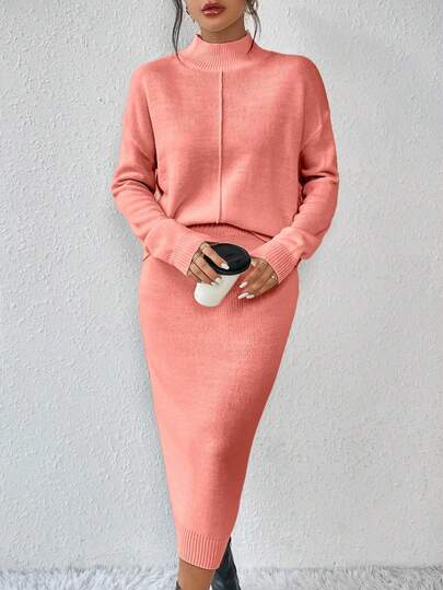 RosyDaze Women's Solid Color Turtleneck Casual Knit Long Sleeve Top And Skirt 2-Piece Set