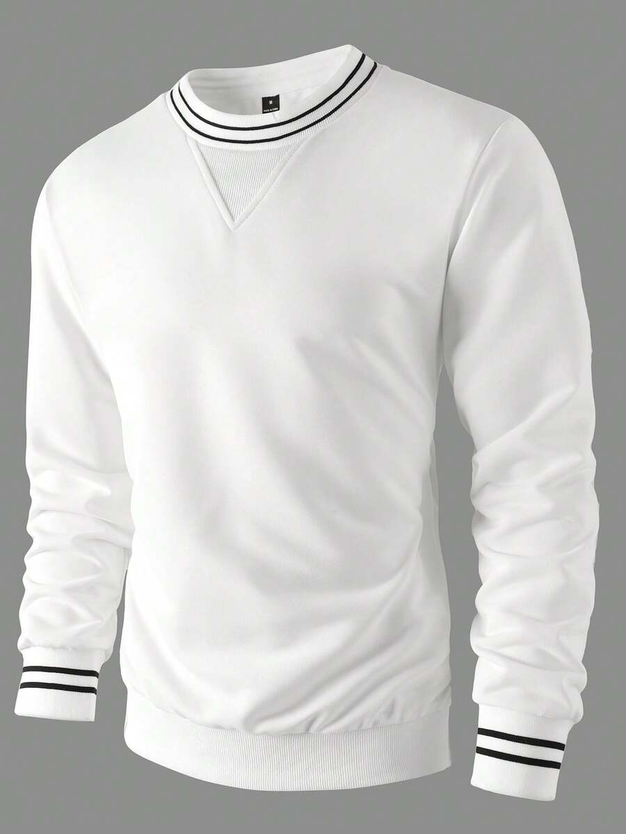 Manfinity Mode Men's Casual Striped Patchwork Crew Neck Pullover Sweatshirt, Autumn Men S Long Sleeve Summer  Good Quality Sweatshirt Men Turtleneck Shirts Long Sleeve Tops For Men Summer Turtle Neck Men Men Full Sleeve Tshirt Old Money,Daily Leisure, Weekend Trips, Outdoor Activities, Travel Expeditions, Relaxed Work Environments Or Semi-Formal Occasions, Boyfriend/Husband Gift, Anniversary Gift Party Christmas - White - View 1