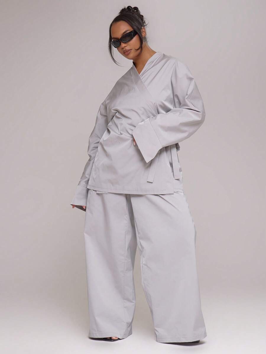 MUSERA Pantaloni largi cu talie elastică, țesături, toamnă, streetwear, cool, fată, Y2K, casual, de zi cu zi, sepia - Gri - Vizualizare 1