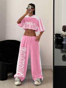 StreetHx 2pcs/Set Women Printed Contrast Color Crop Top + Sweatpants Lounge Wear Set - Multicolor - View 3