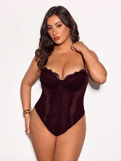 SHEIN BAE Summer Beach Vacation Plus Size Clothing Holiday Clothing Party Gathering, Dating Travel, Going Out, Music Festival Clothing, Concert Clothing, Country Music Festival Clothing,Women's A Spaghetti Strap Lace Patchwork Black Corset Top Sexy New Years Top Bodysuit,New Years Women Outfit,Corset Tops For Women