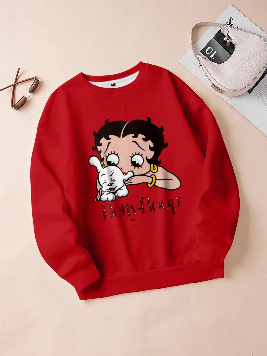 Betty Boop x SHEIN Women's Cartoon Figure Graphic Crew Neck Sweatshirt - White - View 1