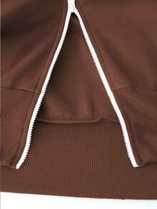 EMERY ROSE 大码女式时尚撞色拉链抓绒高领灯笼袖卫衣 - 棕色 - 查看 8