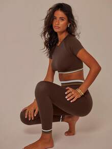 Aralina Women's Striped Round Neck Raglan Short Sleeve Cropped Top And Leggings Sports Suit - Chocolate Brown - View 8