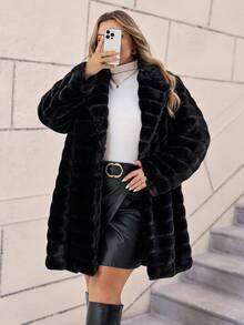 SHEIN CURVE+ 大码纯色蓬松长袖外套，秋冬圣诞派对女式外套，时尚日常穿着，办公穿着，复古富贵，日常休闲假日仿皮草外套 - 黑色 - 查看 5