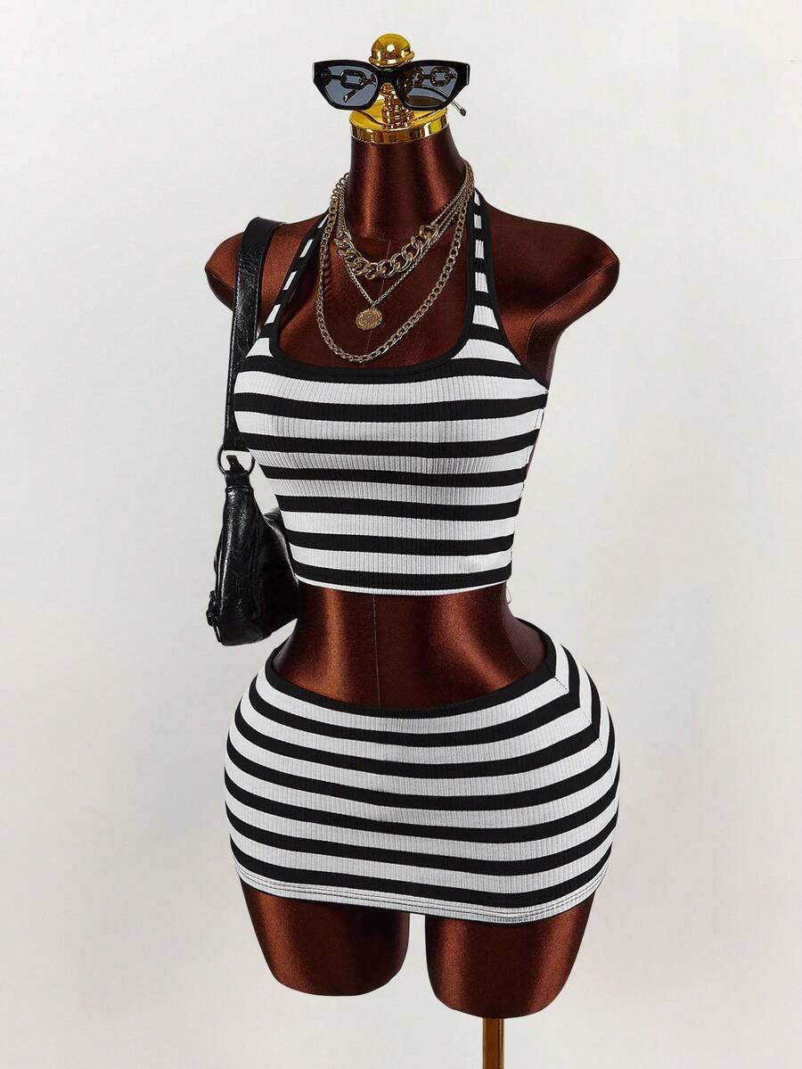 Amplova 2026 New Style Women's Halter Backless Criss-Cross Strap Tank Top & Bodycon Mini Skirt Set - Multicolor - View 1