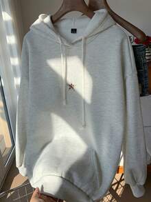 SHEIN EZwear 女士休闲纯色针织连帽衫，背面有星星刺绣，秋冬宽松长袖运动衫 - 淺灰色 - 查看 6