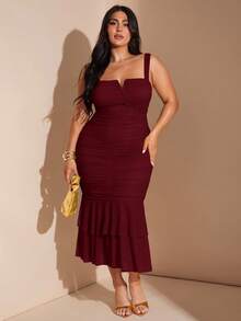 SHEIN BAE Đầm ôm body midi cổ chữ V viền bèo nhún cỡ lớn dành cho nữ, Đầm dự tiệc ngày lễ - Màu Đỏ Sâu - Xem 4