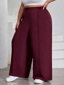 SHEIN CURVE+ 大码女式纯色褶皱裤，黑色宽松阔腿裤，曲线加大，Hoho 度假 - 酒紅色 - 查看 6