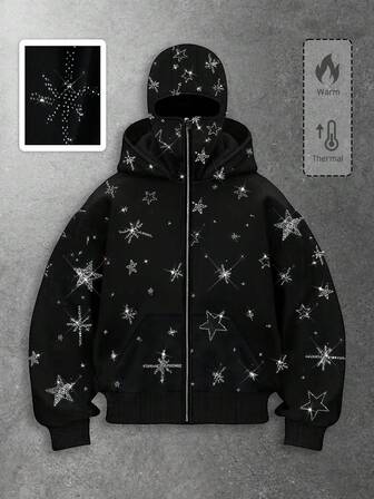 Street Life Sudadera con capucha con bolsillo tipo canguro y cremallera, con estilo y pedrería en forma de pentagrama para hombres