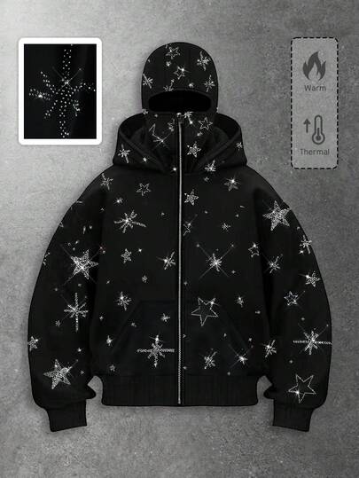 Street Life Felpa con cappuccio da uomo con canguro, zip e strass a forma di pentagramma