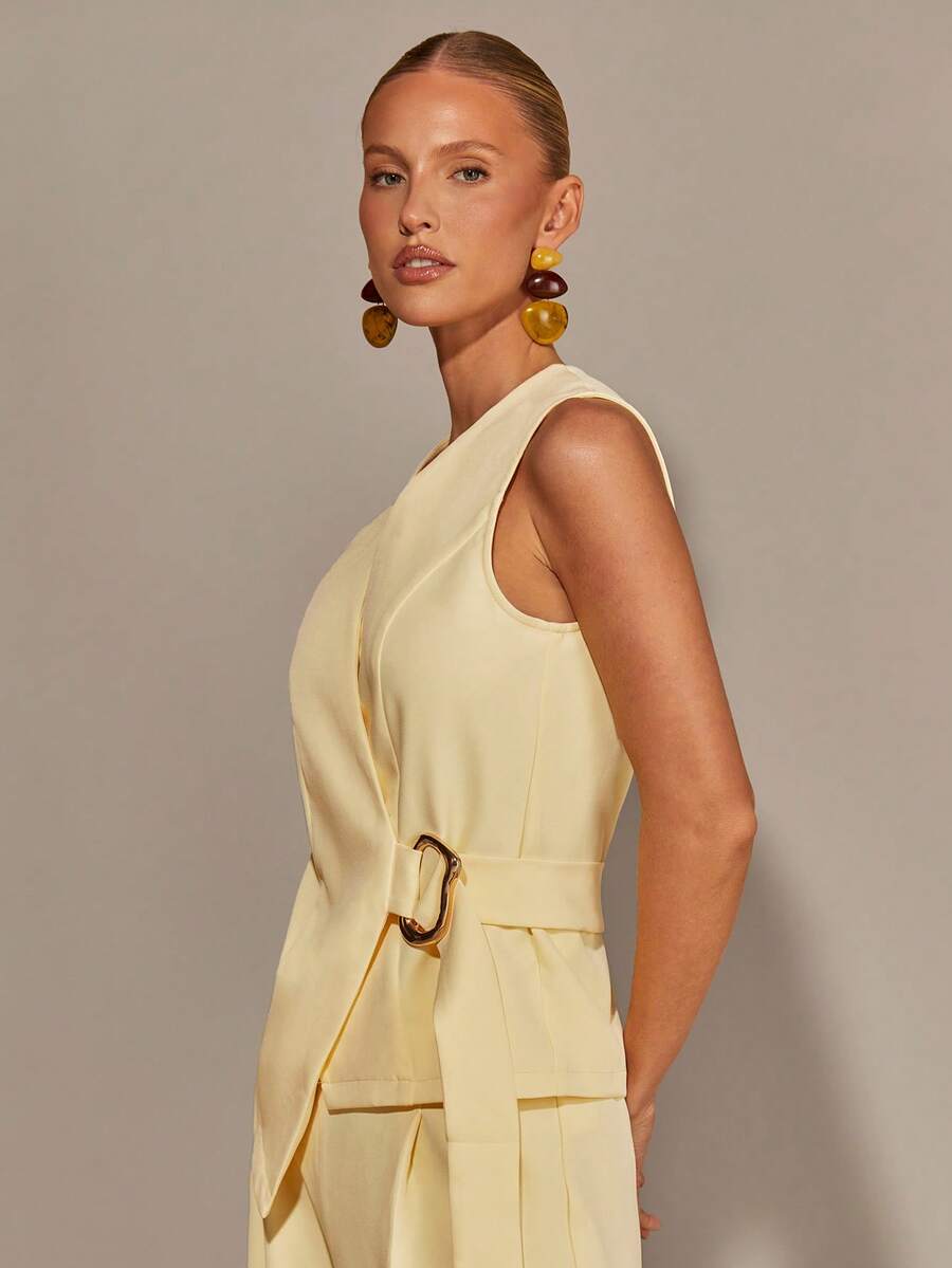 COSMINA 2pcs/Set Elegant Sleeveless Women's Outfit, Versatile For Commuting And Gatherings, All Season Yellow Outfit - Light Yellow - View 1