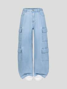 SHEIN Explorewe Quần jeans ống đứng dáng rộng màu vàng nhạt thời trang mới dành cho bé trai, quần denim ống rộng thoải mái, phong cách đường phố, đa năng, phù hợp với mọi mùa - Rửa nhẹ - Xem 3