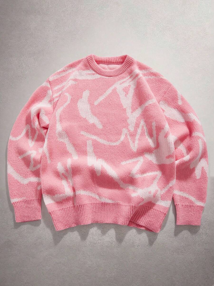 StoneGrade Men's Random Print Crew Neck Long Sleeve Knitted Sweater, For Fall Winter - Pink - View 1