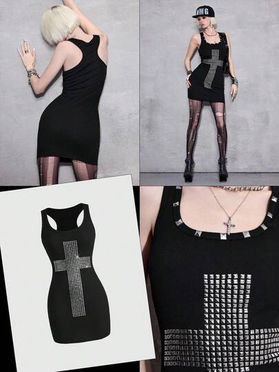 ROMWE Avant Y2K Rhinestone Cross Embellished Mini Dress For Women