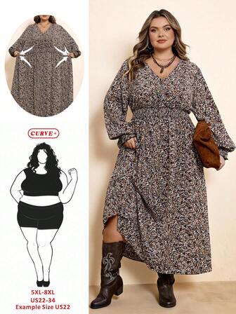 SHEIN CURVE+ Plus Size Fall Clothes All Over Print Shirred Leopard Long Sleeve Dress/Fall Dresses/Fall Women Outfits Fall Wedding Guest Dress Elegant Women Dresses Business Casual Woman Work Dress Business Dress