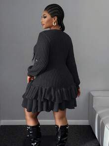 Maweii Plus Size Women Solid Color Long Sleeve Fitted Sweater Dresses - Black - View 2
