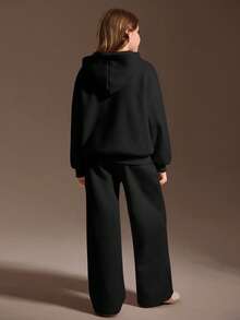 SHEIN 少女粉色连帽衫套装，长袖连帽衫搭配宽松休闲运动裤，秋冬季 - 巧克力棕 - 查看 2