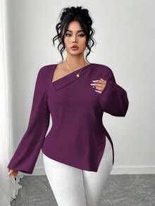 Elenzga Áo sơ mi nữ cổ chéo hở xẻ sau lưng cỡ lớn - Màu tím - Xem 4