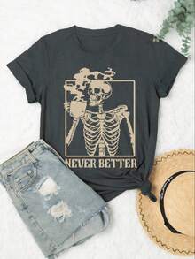 Skull Hot Drink Slogan Graphic Round Neck Short Sleeve Women T-Shirt - Dark Grey - View 3