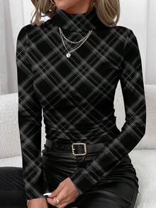 SHEIN Clasi Áo thun cổ lọ họa tiết kẻ caro xám tối giản thường ngày dành cho nữ - Nhiều màu - Xem 7