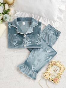 Valentine's Day Plush Butterfly Print Elegant Tween Girl Long Sleeve Cardigan & Pants 2 Pieces Loungewear/Pajama Set - Multicolor - View 8