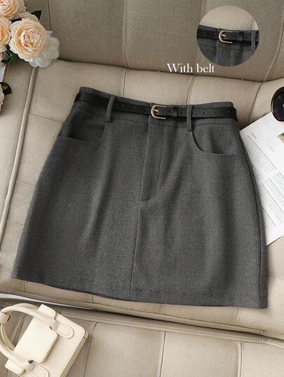 Franclia 女士腰带设计口袋直筒休闲迷你裙